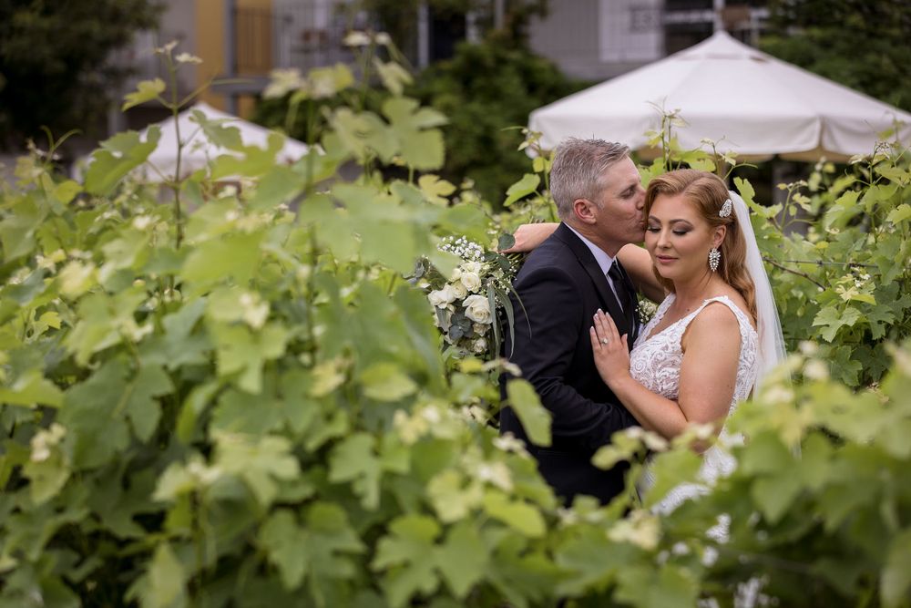 Bride in her wedding dress and the groom in his black suit sharing a moment before their ceremony surrounded by vines.