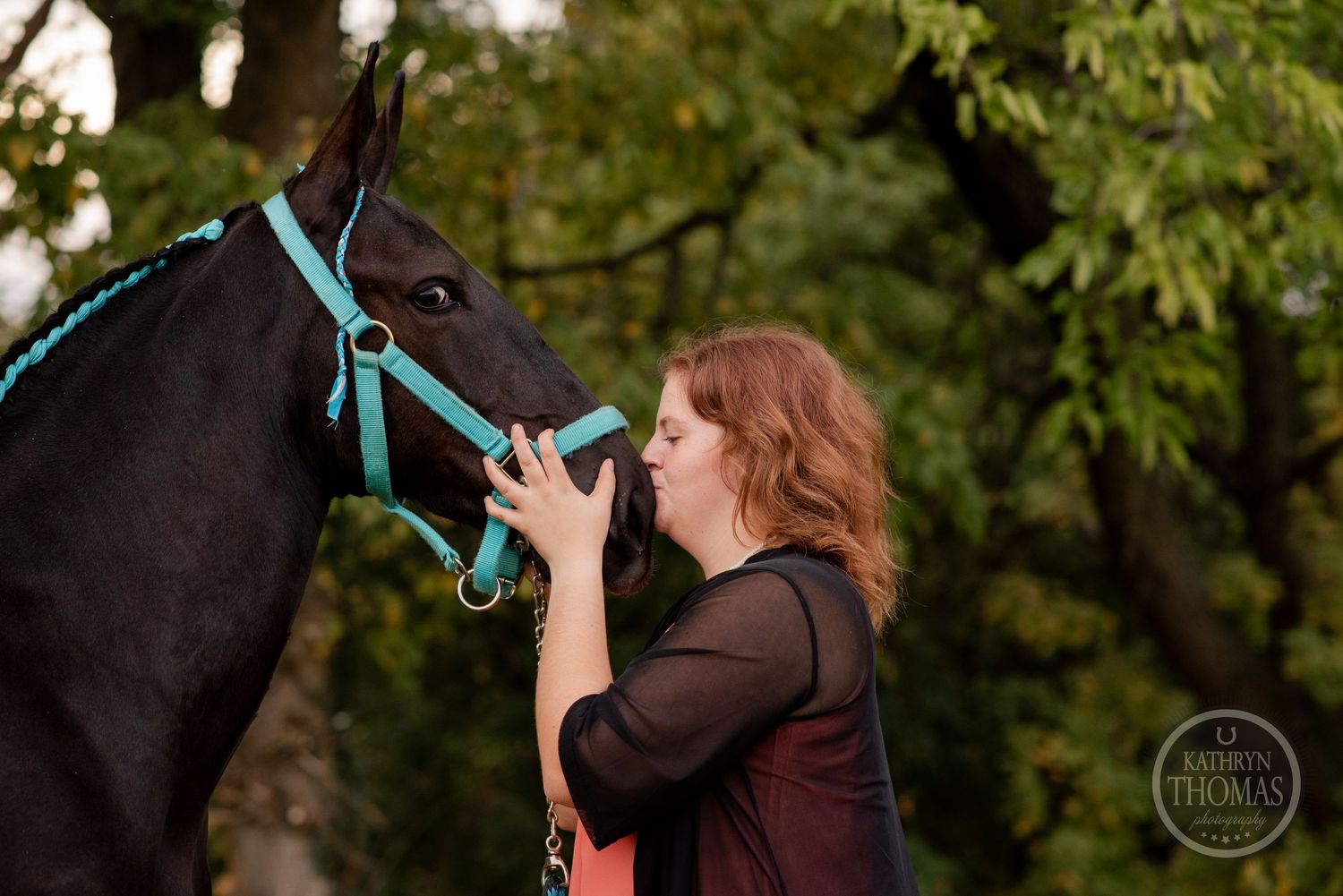 A close-up moment between a black horse wearing teal tack in an outdoor setting.