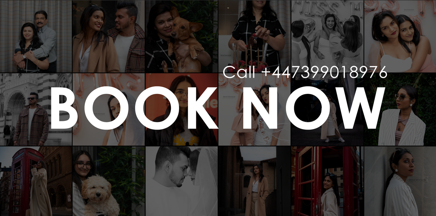 Professional photography booking banner with call to action and portfolio images.
