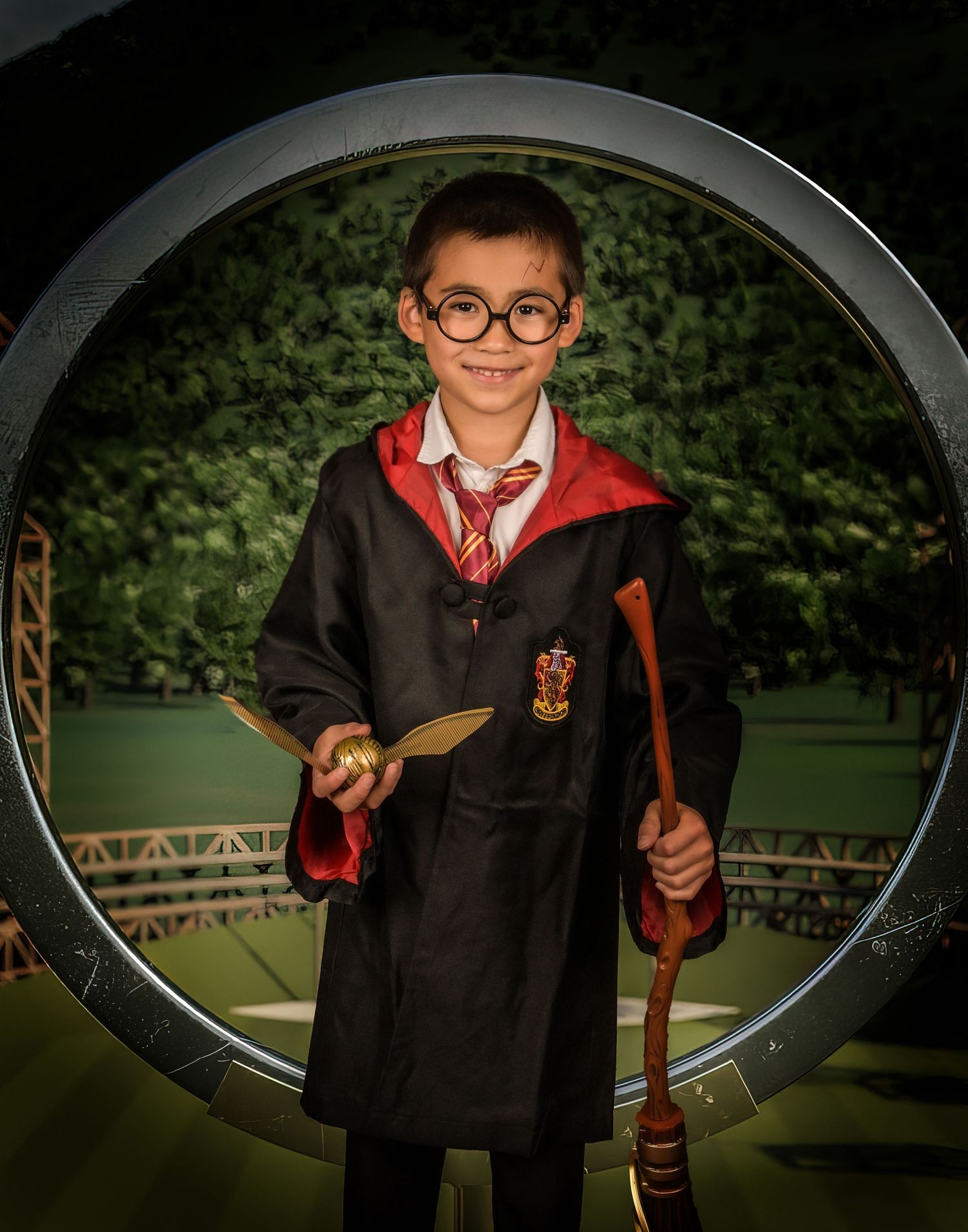 A student in wizard school uniform holding a wand and broomstick in a garden setting.
