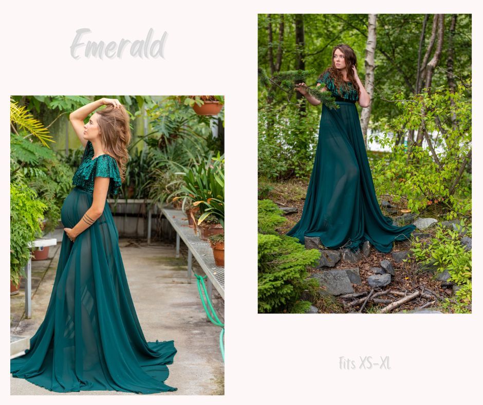 Elegant emerald green maternity gown with flowing train photographed in a lush garden setting.
