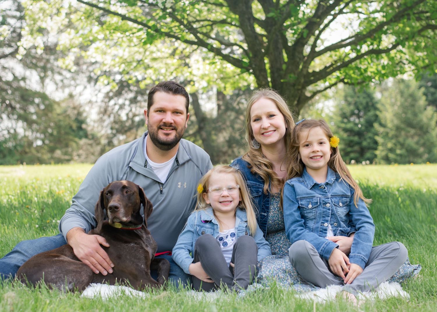 Family portrait with chocolate lab dog sitting together on grass under a shady tree.