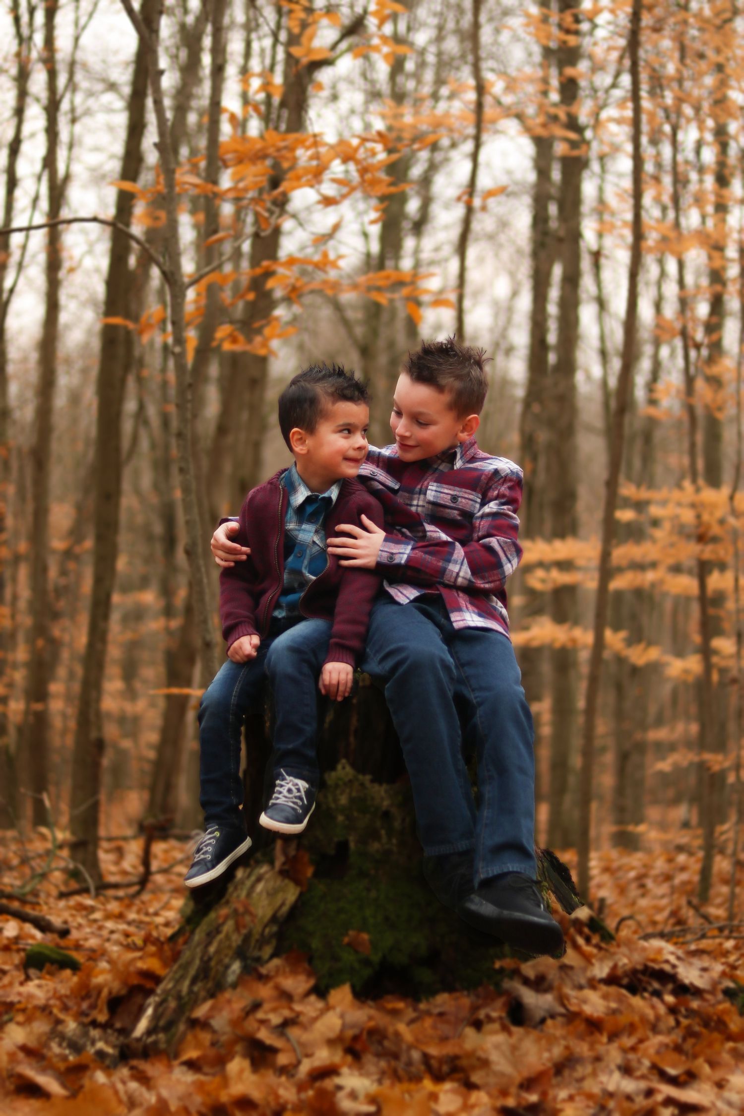 Two brothers on a rock in a forest during the fall