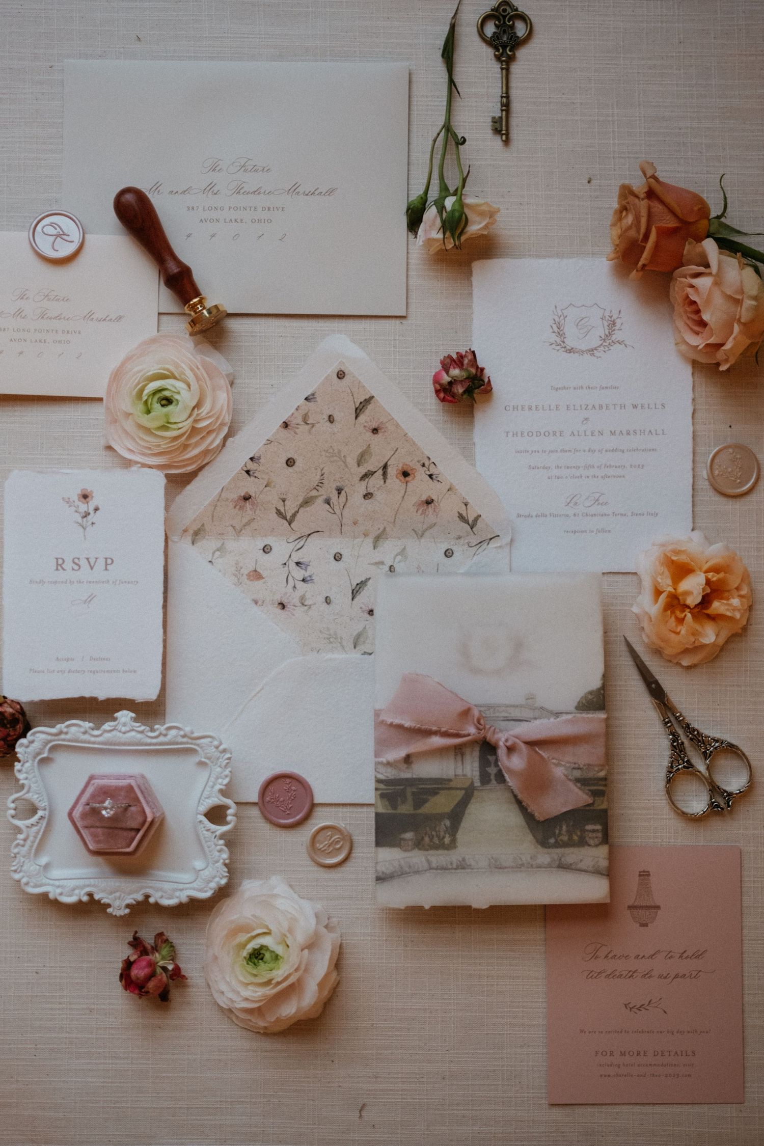 Romantic wedding stationery collection featuring wax seals, vintage scissors and coral roses.