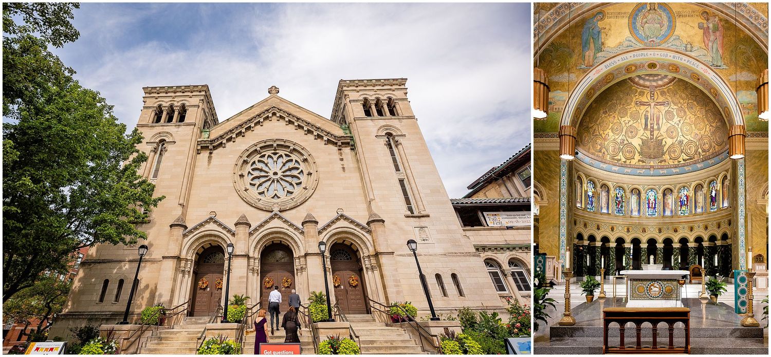 Historic cathedral exterior and ornate interior with religious mosaic artwork.