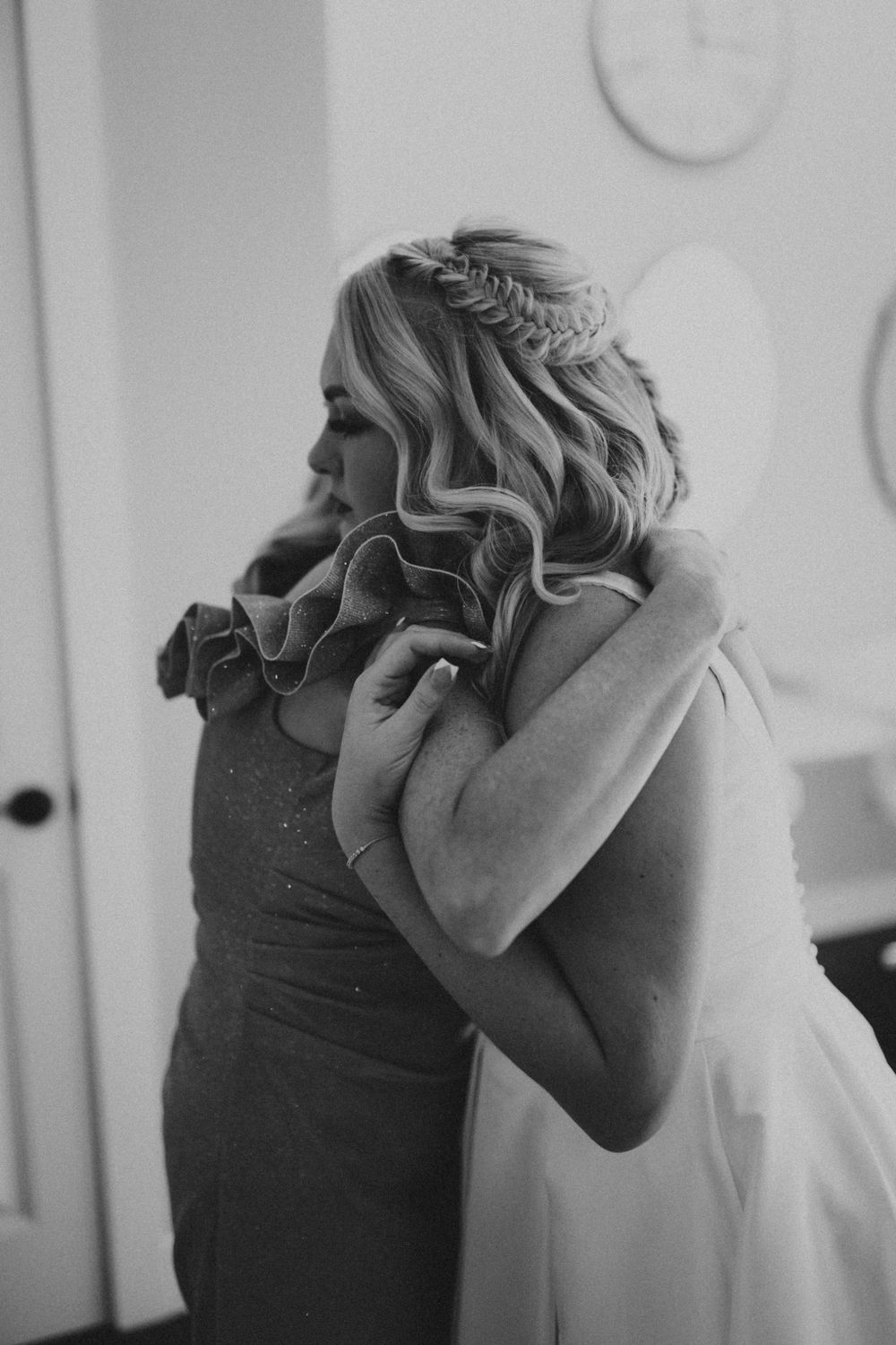 Ivory gown Lace details Long train Soft waves Floral crown Grey suit Blush tie