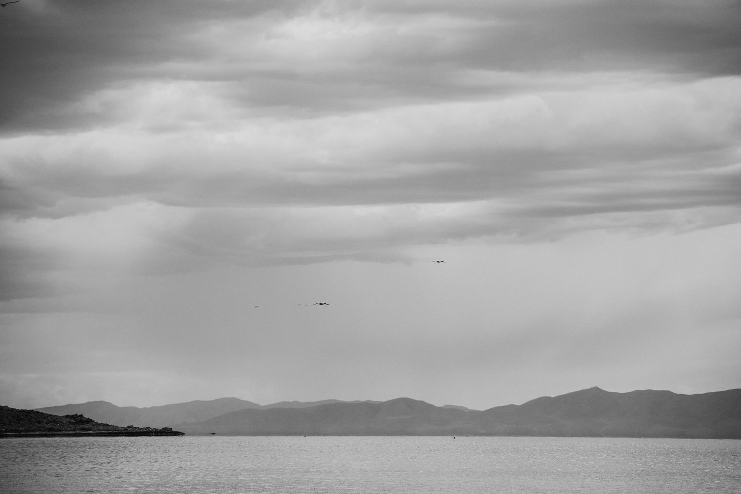 Minimalist black and white seascape with mountains and birds silhouetted against cloudy sky.
