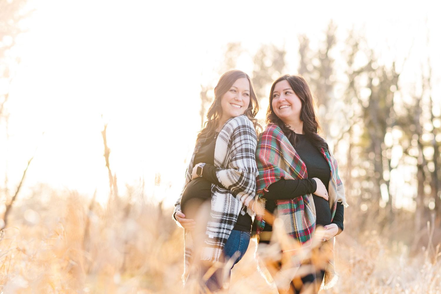 Two people standing in a sunlit field of tall grass during golden hour.