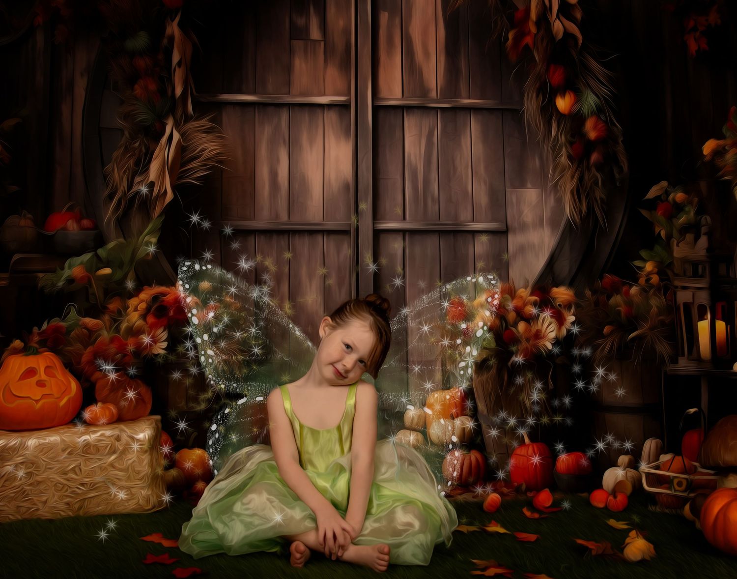 A dreamy fairy photoshoot with sparkly wings and autumn decorations against a wooden backdrop.