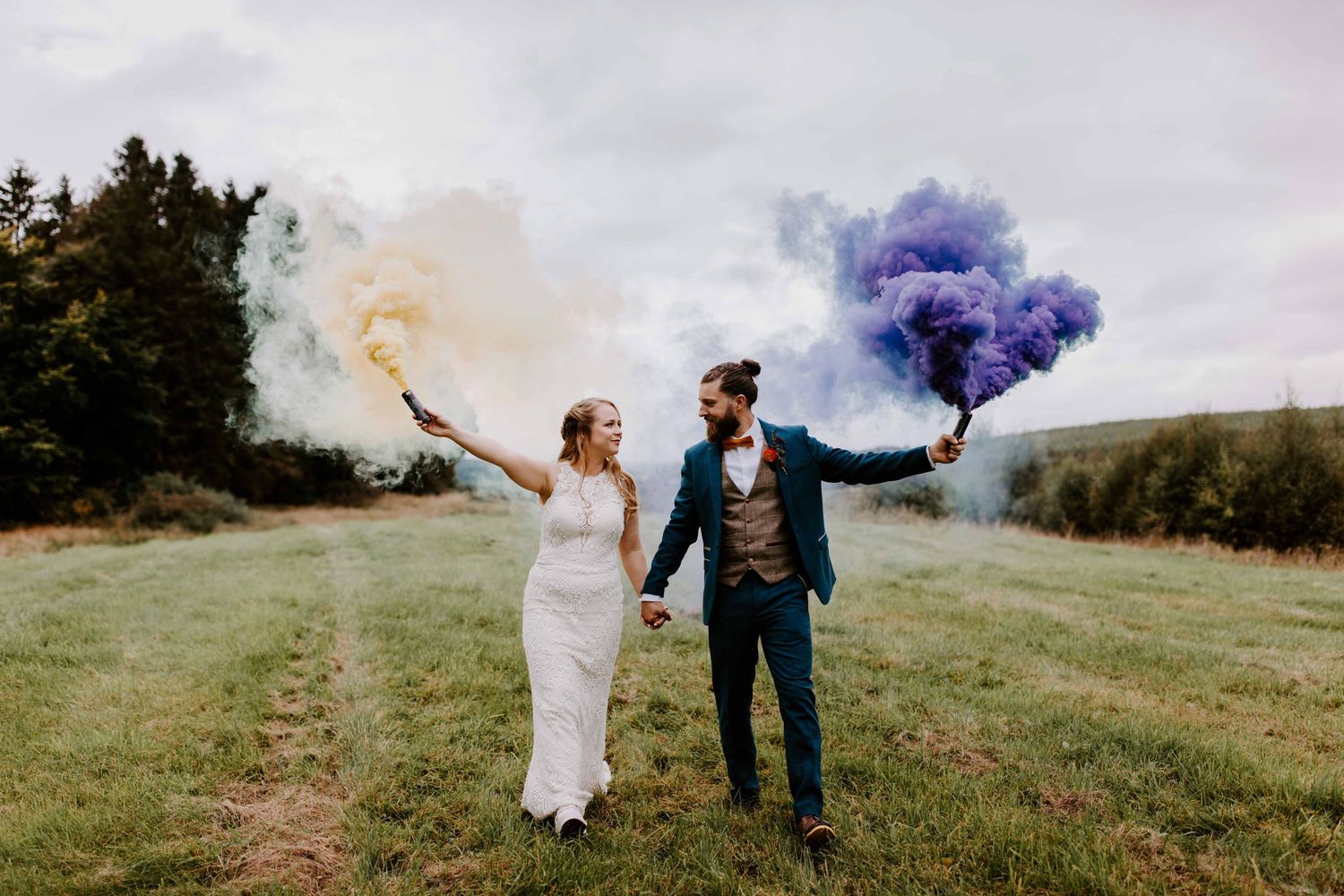 Smoke bombs, with wedding couple at the comb, northumberland