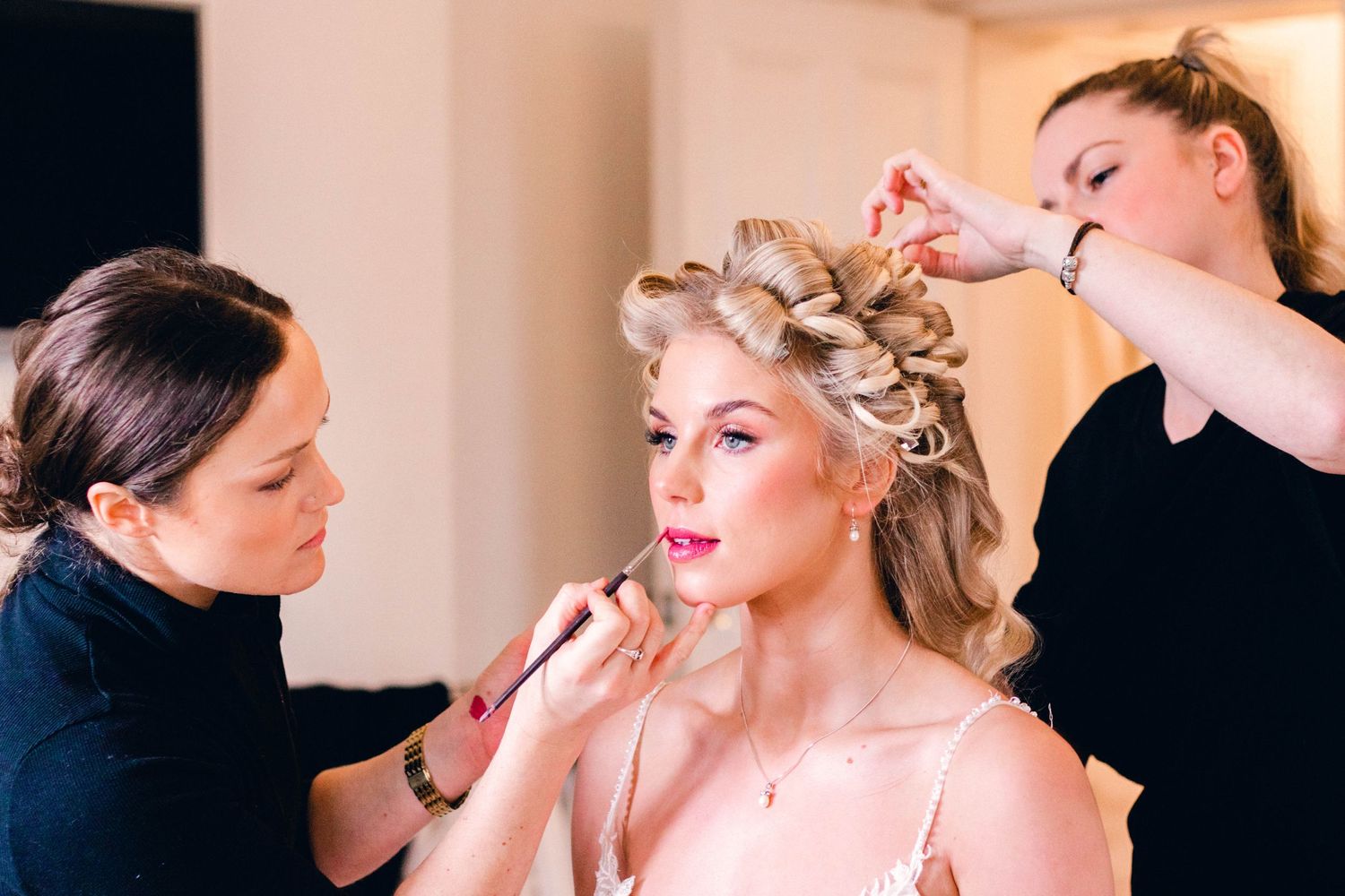 bride makeup and hair getting ready fine art