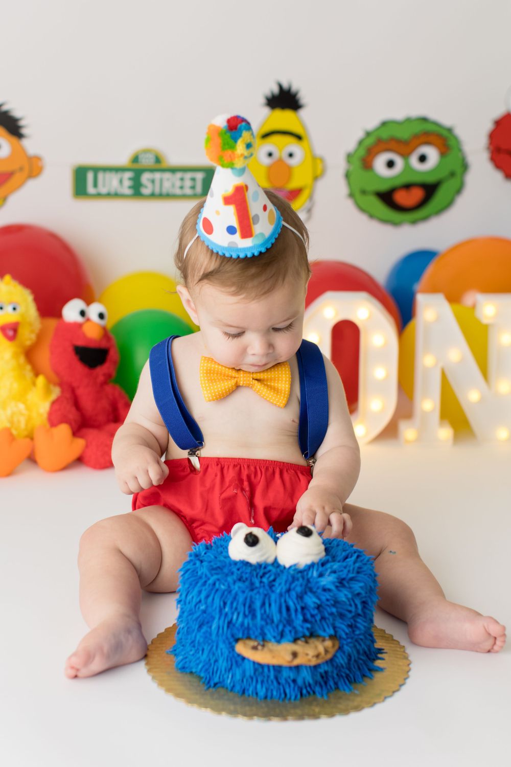 Baby in suspenders and bow tie with Cookie Monster cake and Sesame Street party decor.