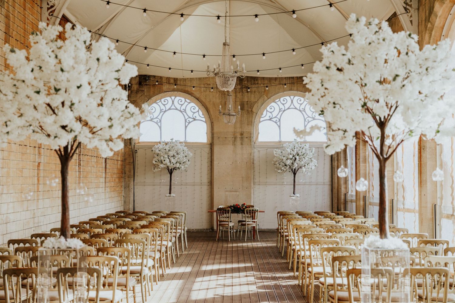 orangery ceremony styling at grittleton house, blossoms trees