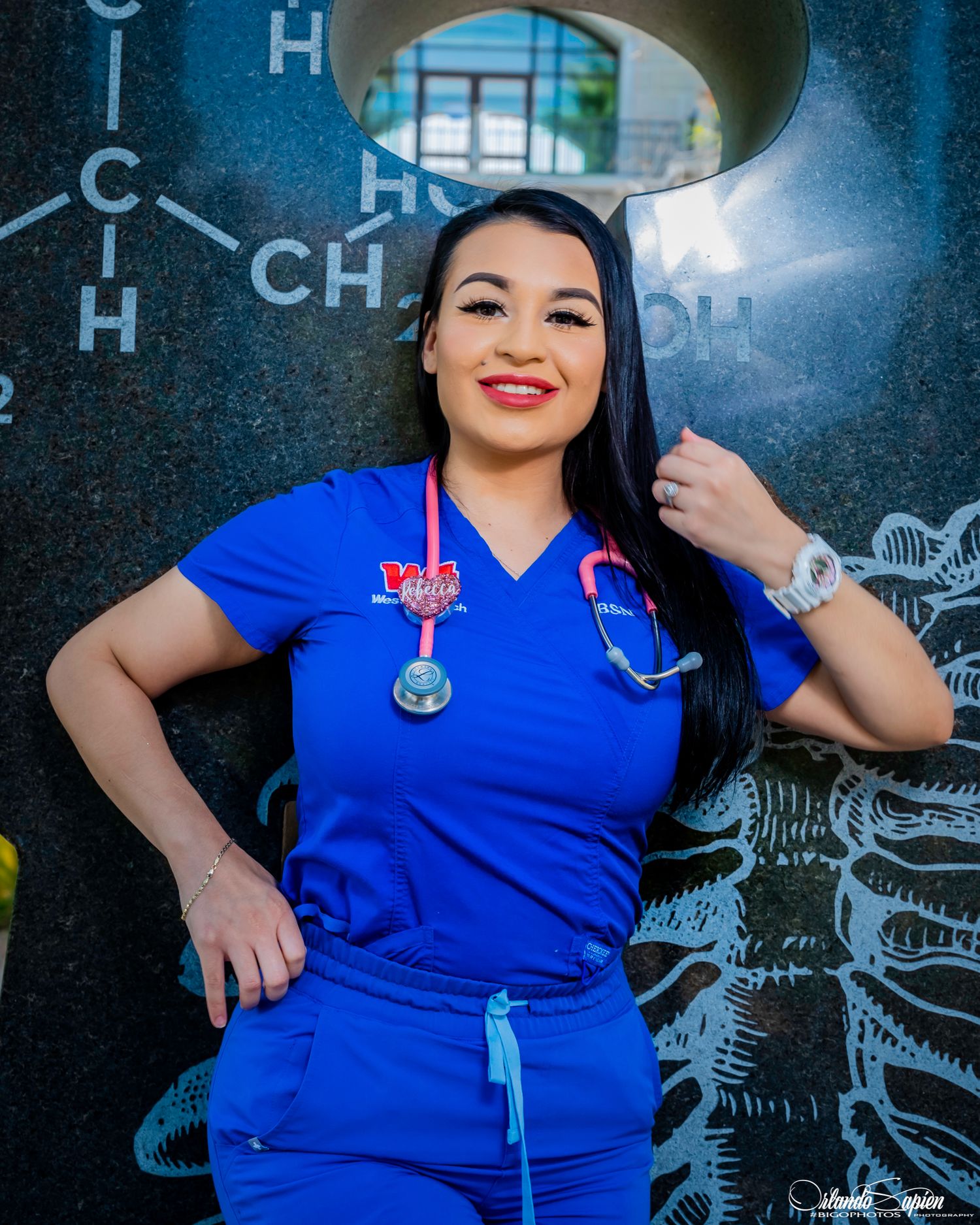 Medical professional photo series against chemistry-themed background.