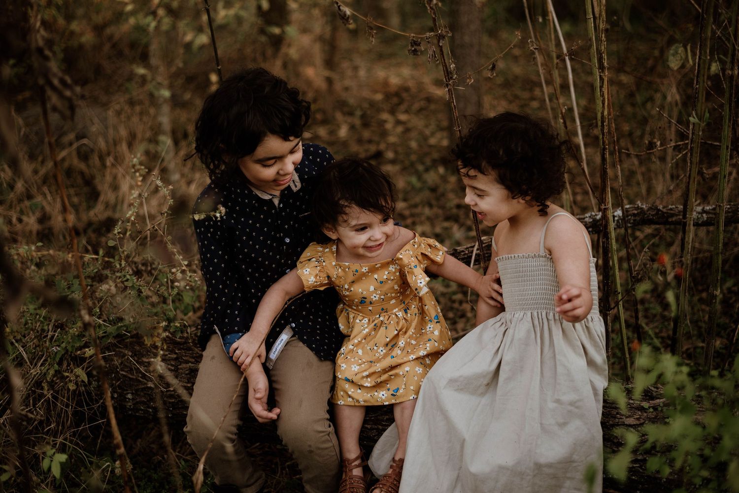 Family playing together in tall grass during golden hour outdoor photo session.