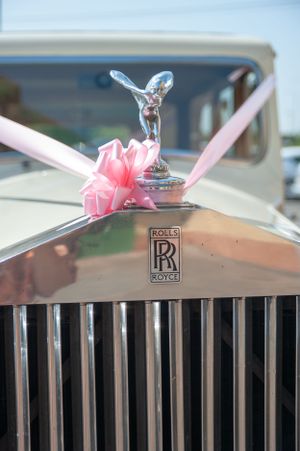 Rolls Royce hood ornament decorated with pink bow against chrome grille.