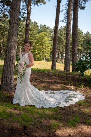 Beautiful bride in lace gown with cascading train poses among tall pine trees.