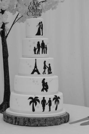 White wedding cake decorated with silhouette story scenes showing couple's journey together.