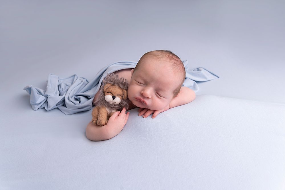 simple posed on baby's hand styled with teddy in a sleepy pose