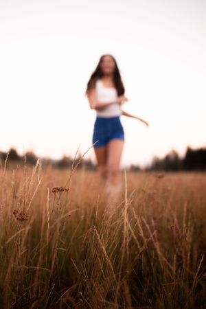 An artistic blurred silhouette standing in a golden field at sunset.