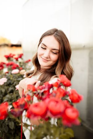 Beautiful red roses frame dreamy portrait with soft natural lighting.