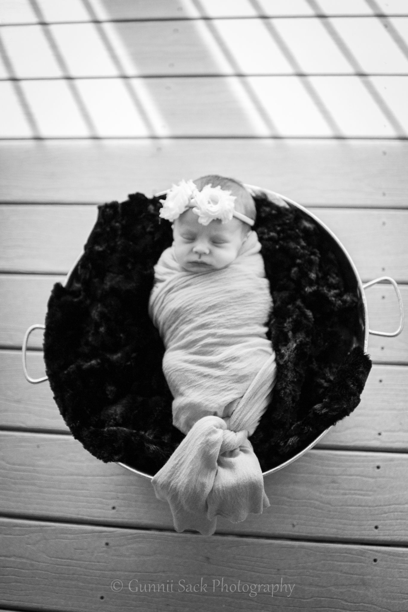 gunnii sack photography, calaveras county photographer, newborn session, black and white photo, baby in bucket