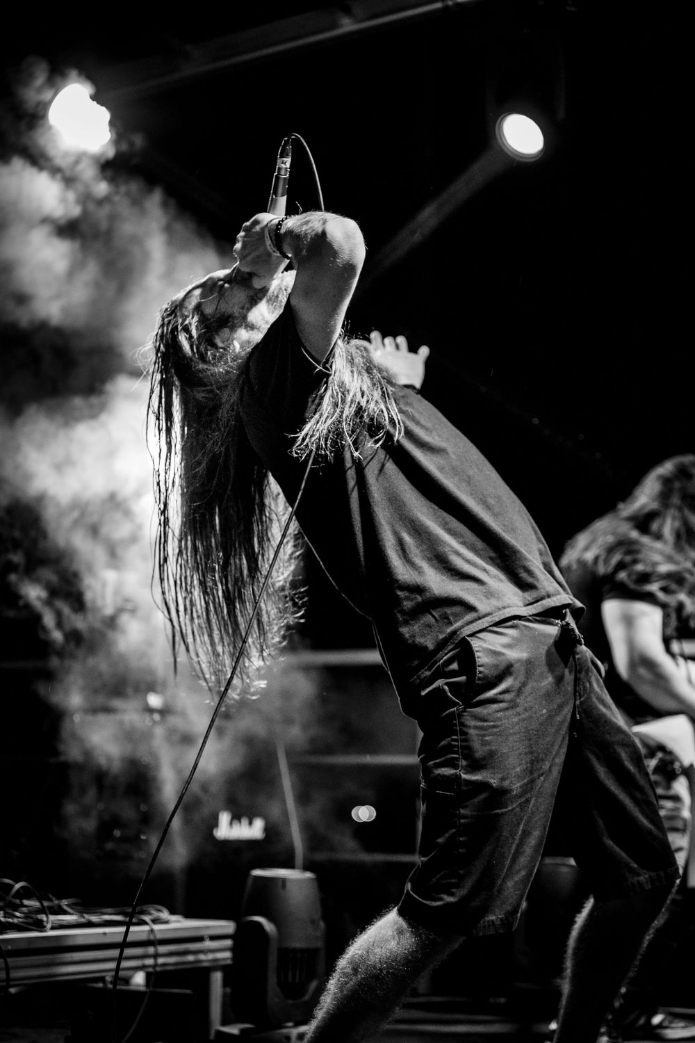 Metal vocalist with long hair performs energetically in smoky stage lighting.