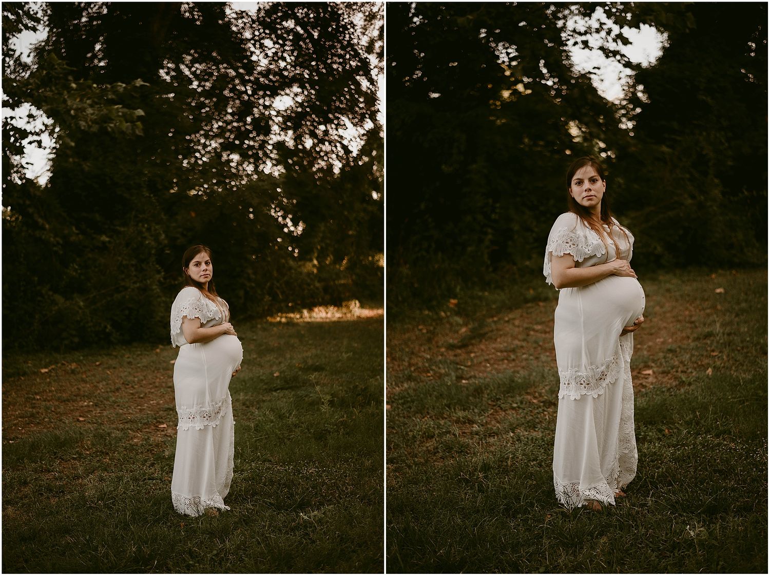 Side-by-side maternity photos capturing expectant mother in full-length white dress at sunset.