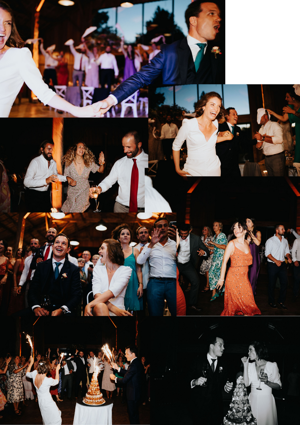 Lively wedding reception celebration with dancing and cake cutting.