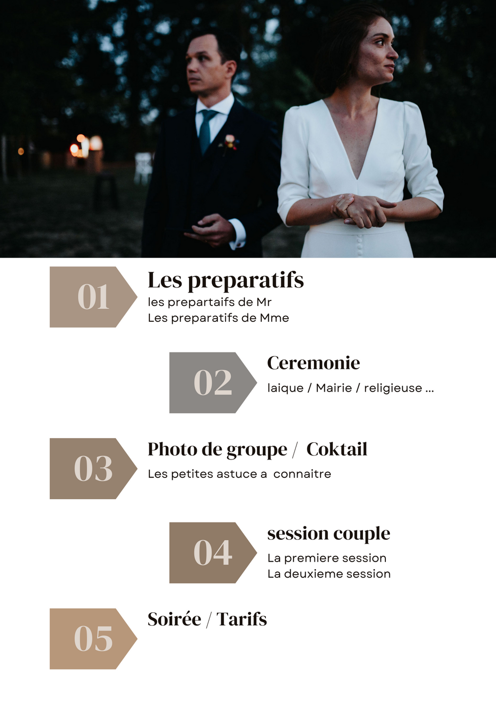 Wedding photography package menu showing five different service options in French.
