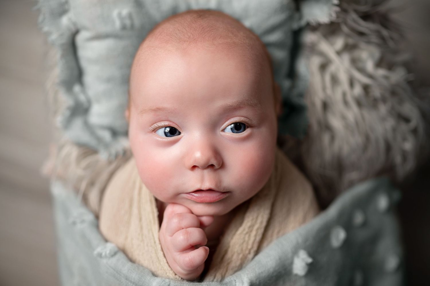 Portrait series showing different expressions against soft grey backdrop.