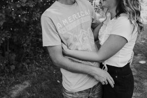 Couple embraces in a series of casual outdoor photos showing affection and connection.