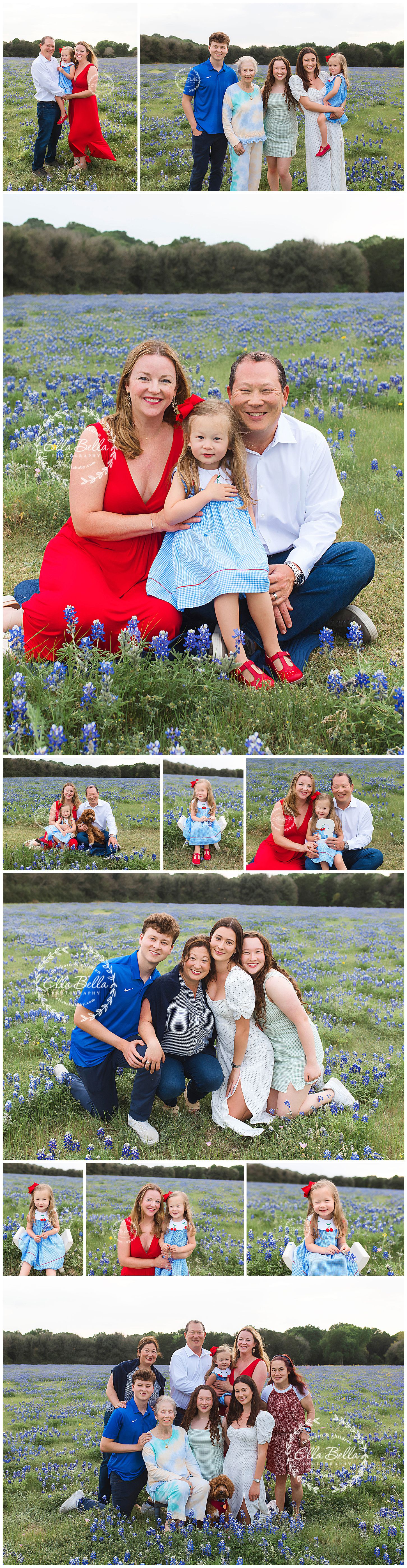 Extended family portrait session in field of bluebonnets with coordinated blue and red outfits.