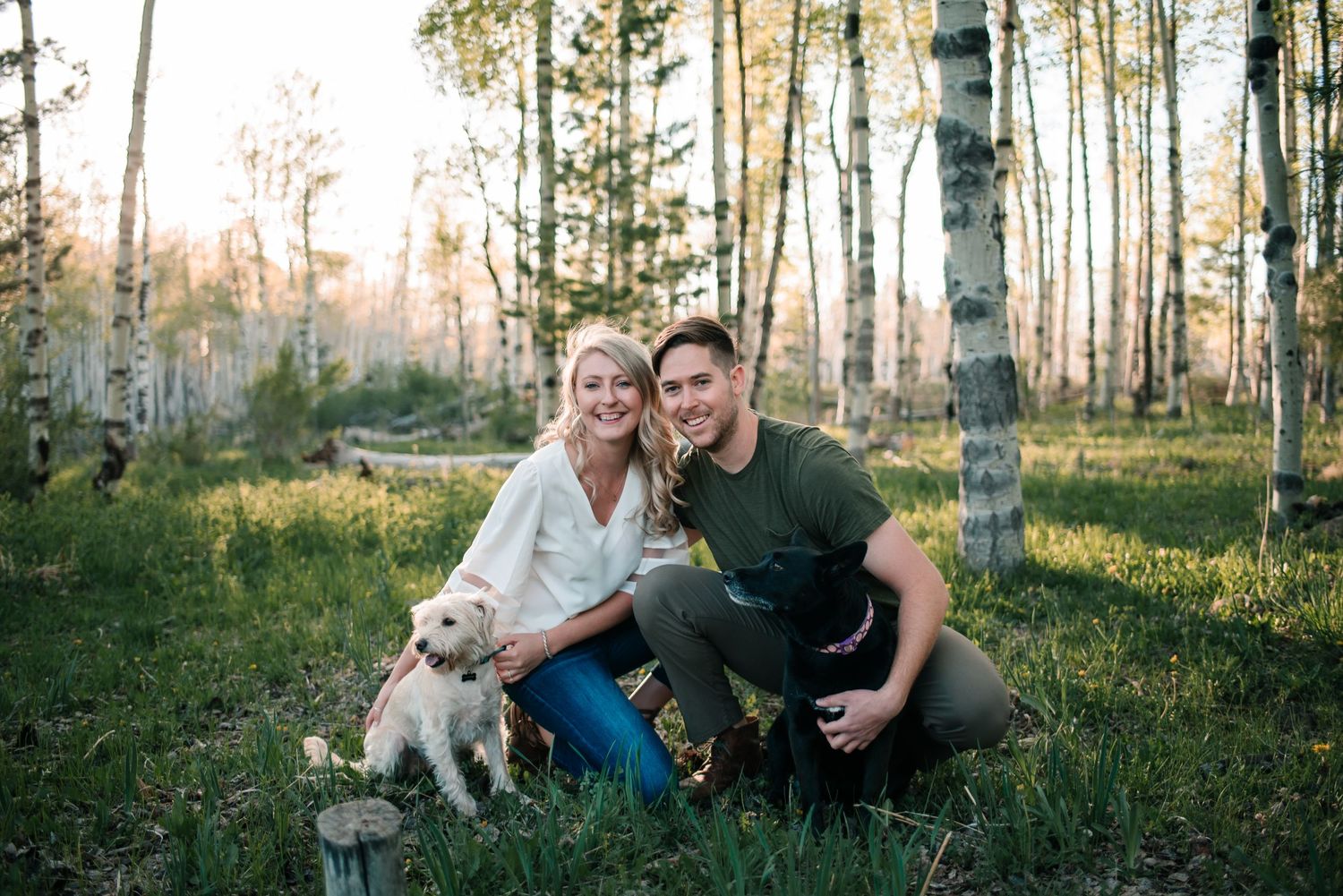 Family portrait with pets among birch trees in evening sunlight.