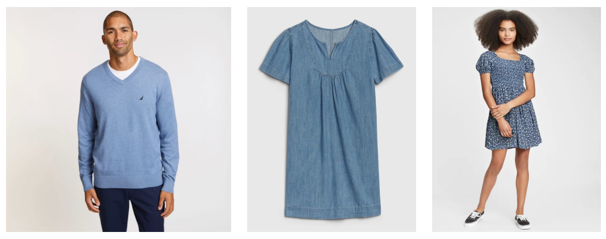 Fashion set featuring casual denim blue clothing items including dresses and sweaters.