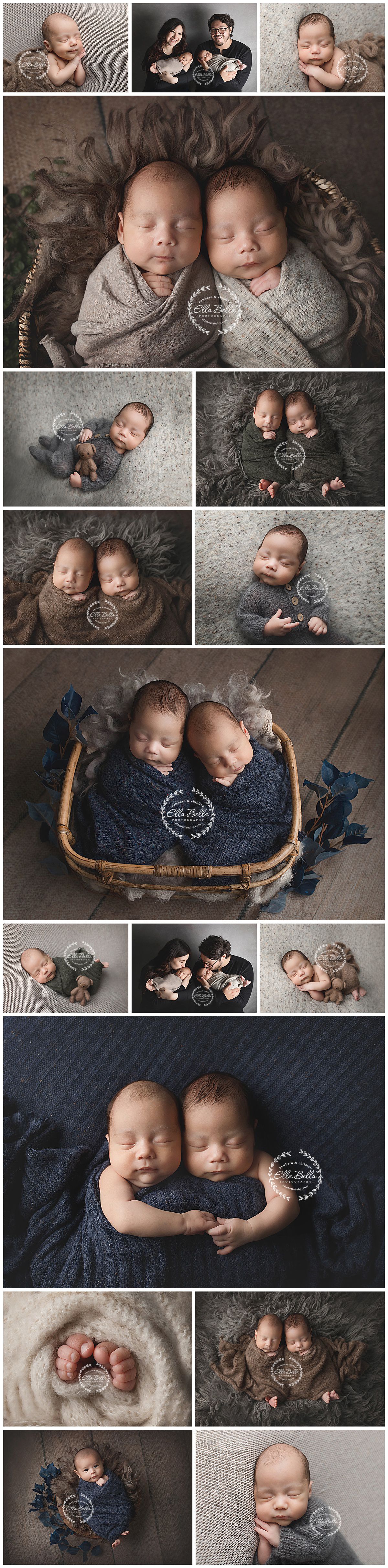 Professional photo collection of twin newborns in various poses with brown and navy styling.
