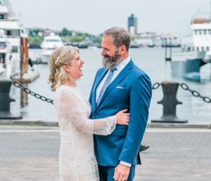 Bride and Groom Smiling in Boston Wharf