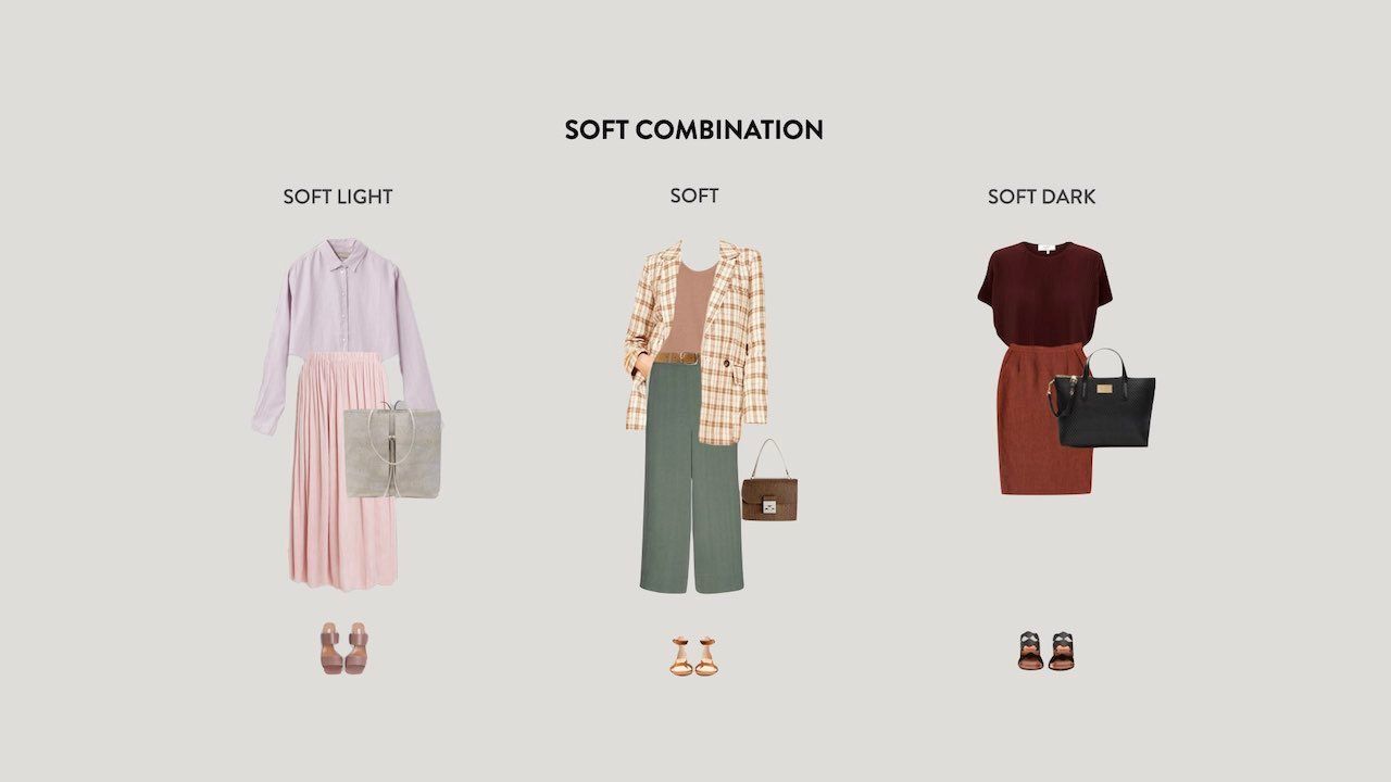 Three soft-colored outfit combinations with dresses and coordinating bags and shoes.