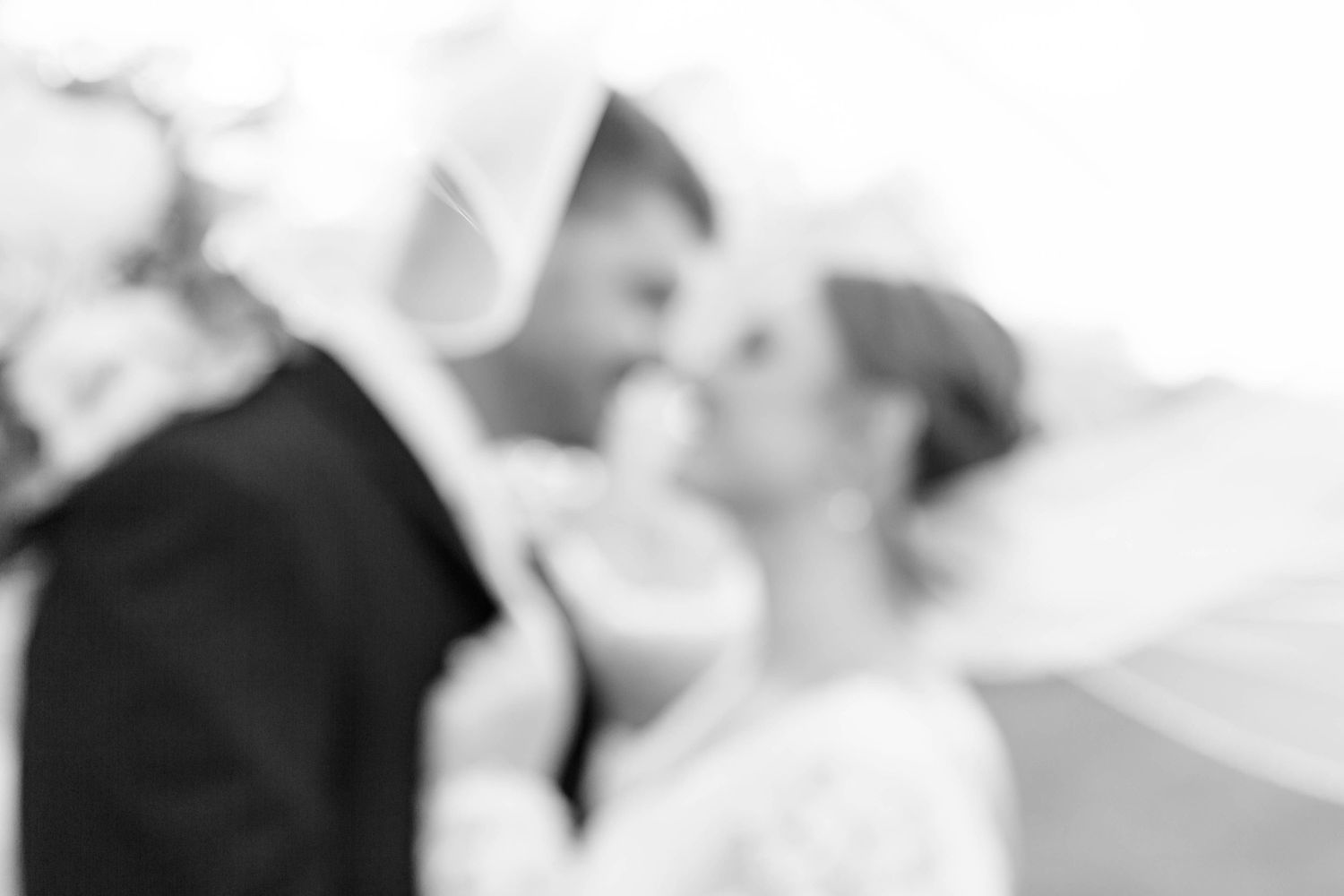 bride and groom black and white photo blurry as they kiss under the veil