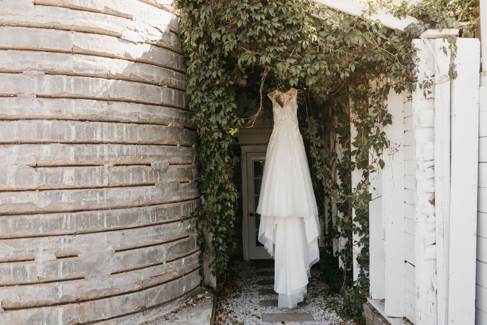 Flowing bridal gown suspended under a vine-covered arch beside a rustic white wooden silo.