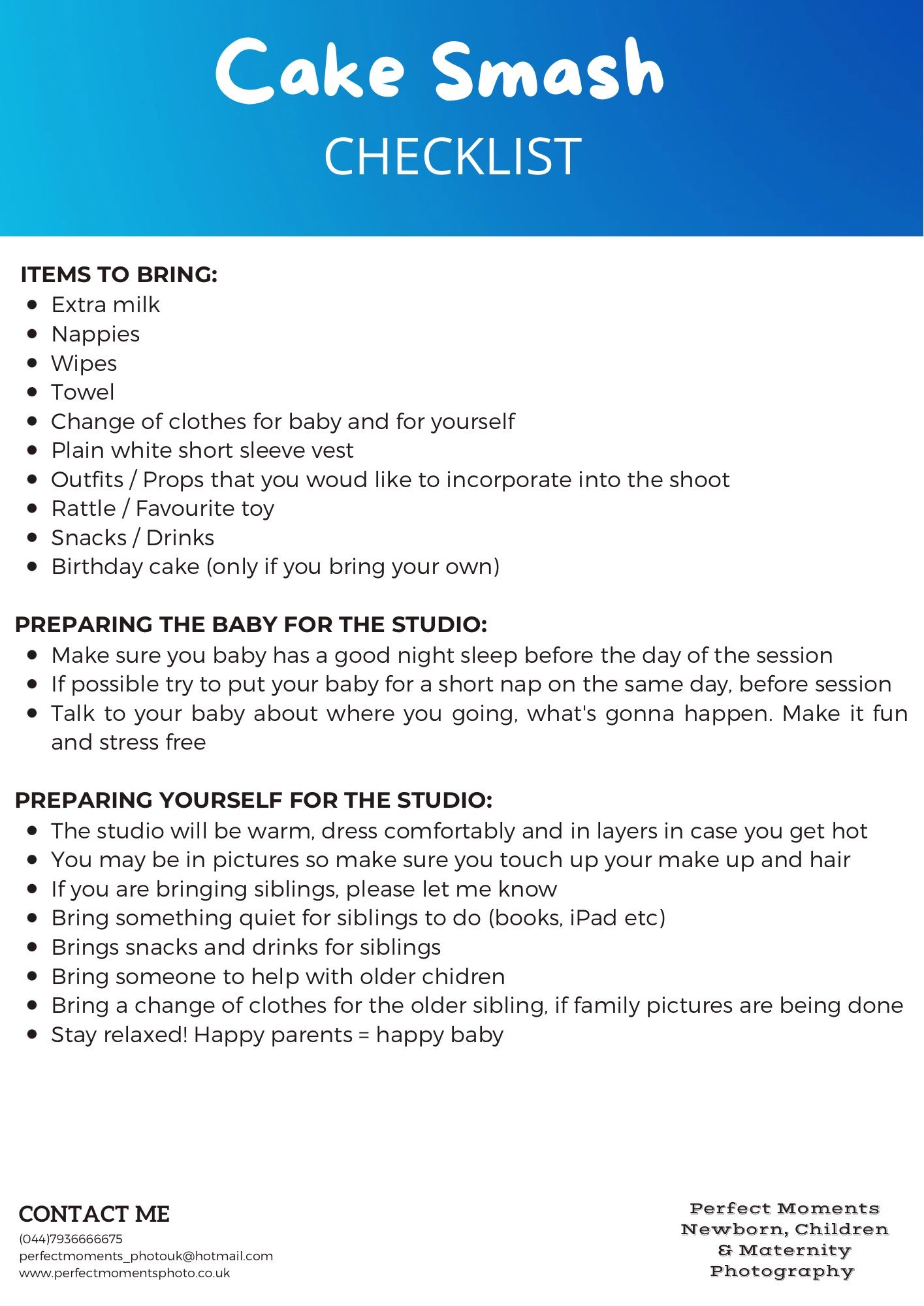 Cake smash photo session checklist with preparation instructions on blue gradient background.