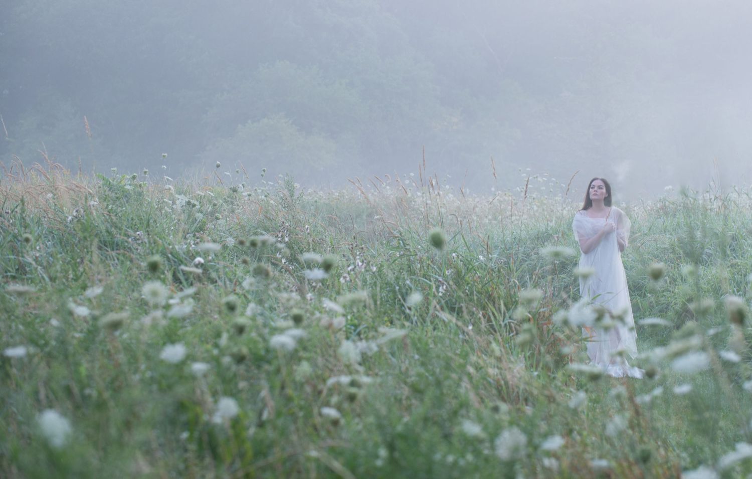Dreamy scene of figure in white dress among wildflowers in misty field.