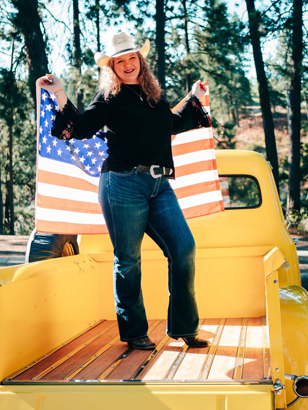 patriotic senior at corbin park in classic car