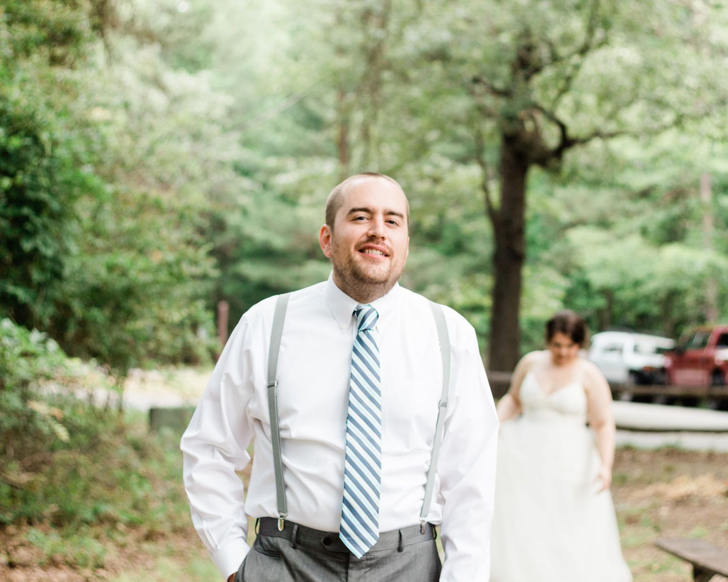 Bride approaching groom first look elopement Marietta, GA