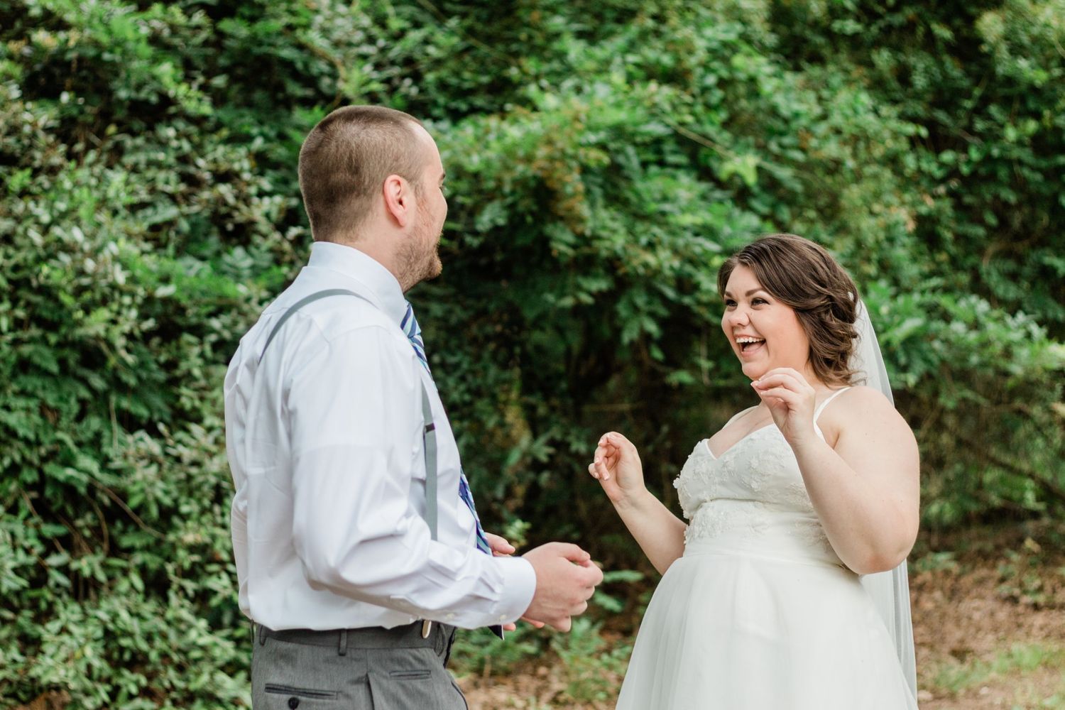 Couple seeing each other first look reaction elopement Marietta, GA