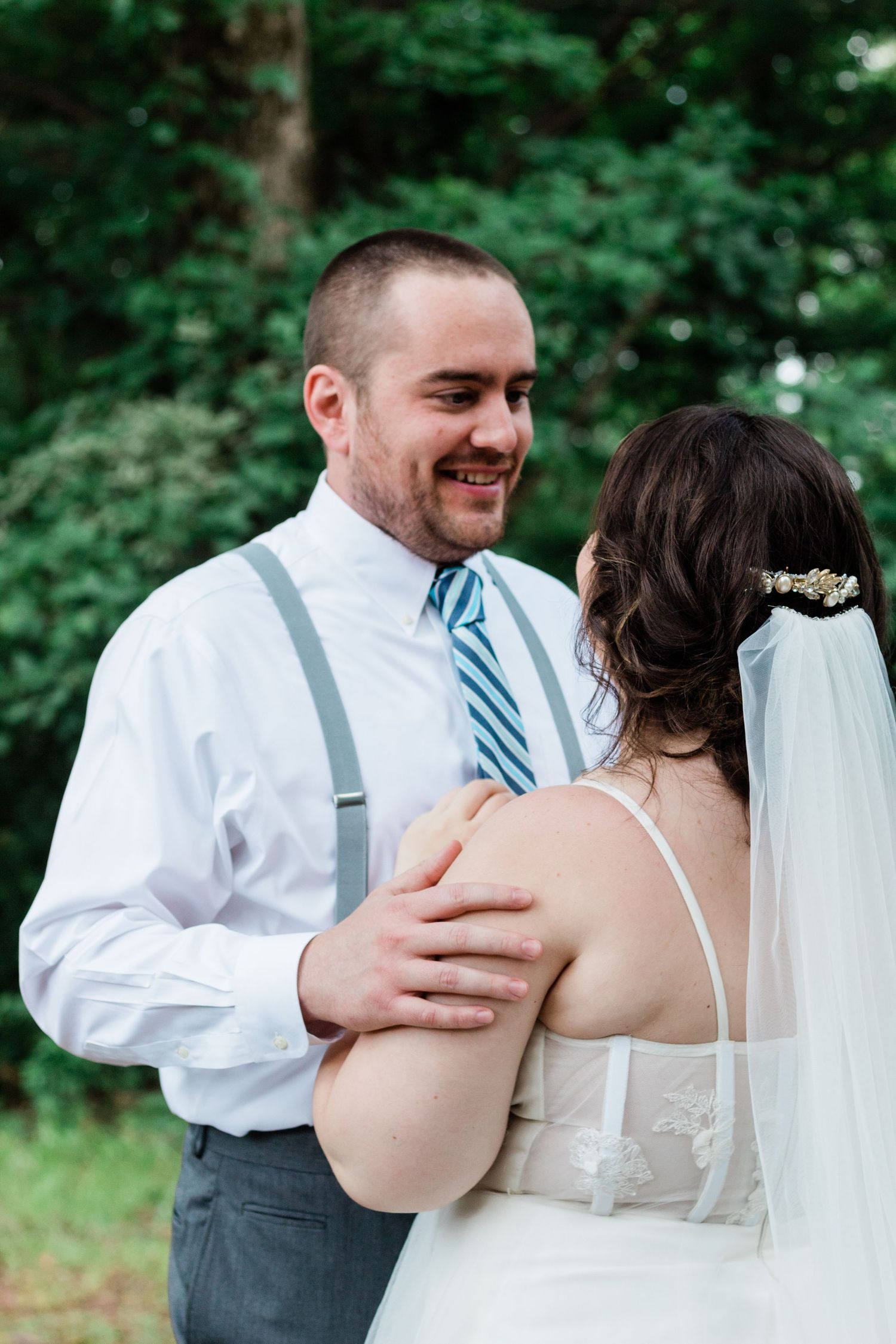 Groom reaction first look elopement Marietta, GA