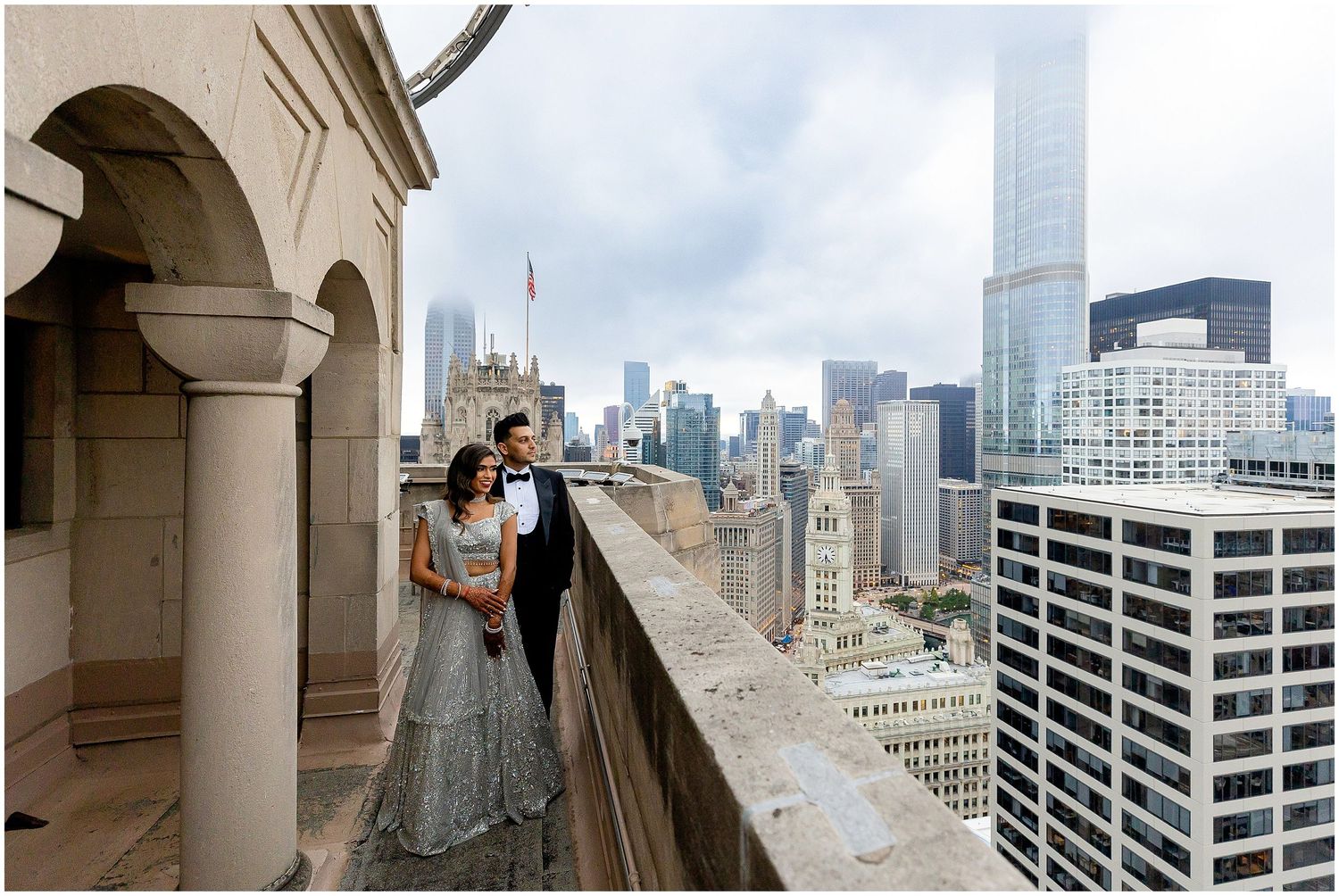 Architectural rooftop photography session with Chicago cityscape in background.