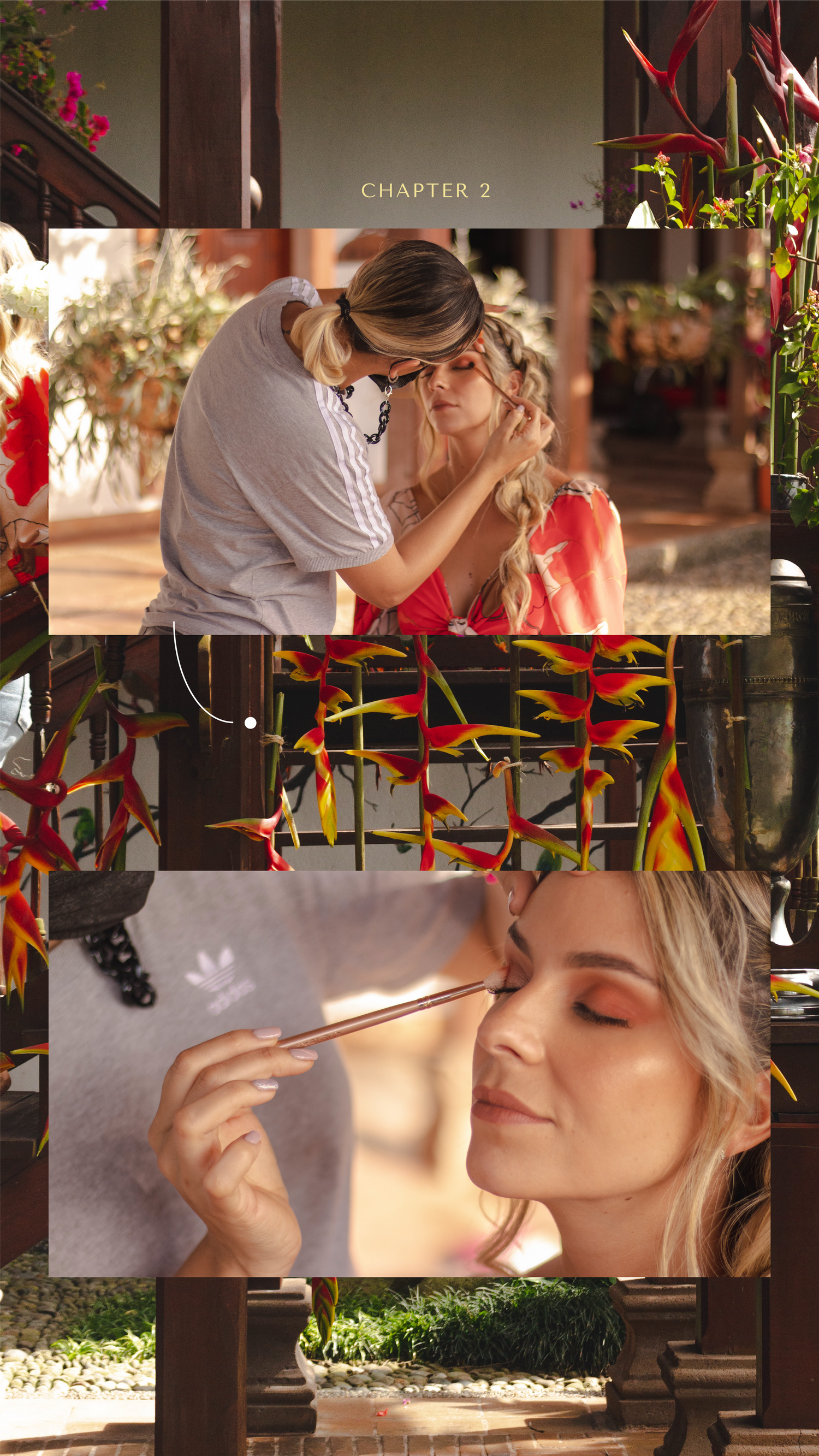 Behind the scenes collage of makeup application and styling for photo shoot.