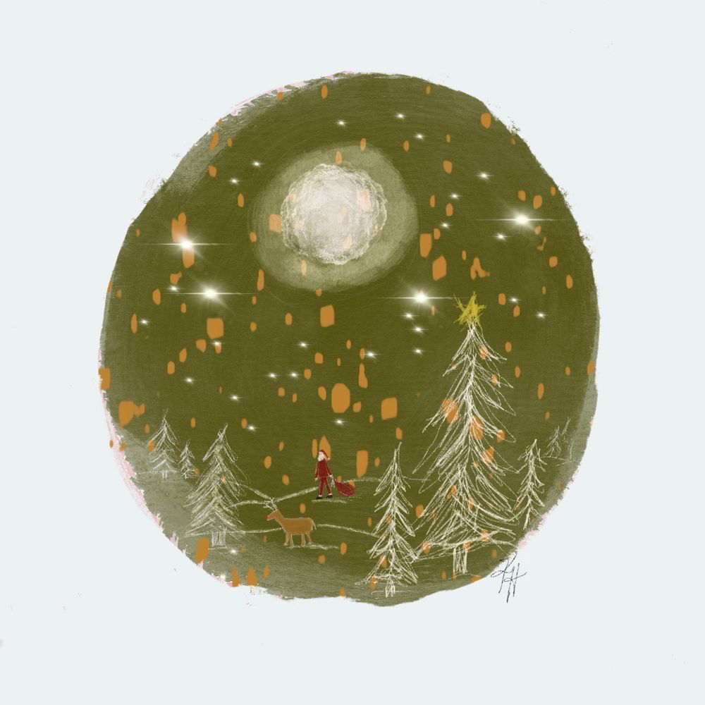 Whimsical illustration of floating lanterns and pine trees under a full moon in green tones.