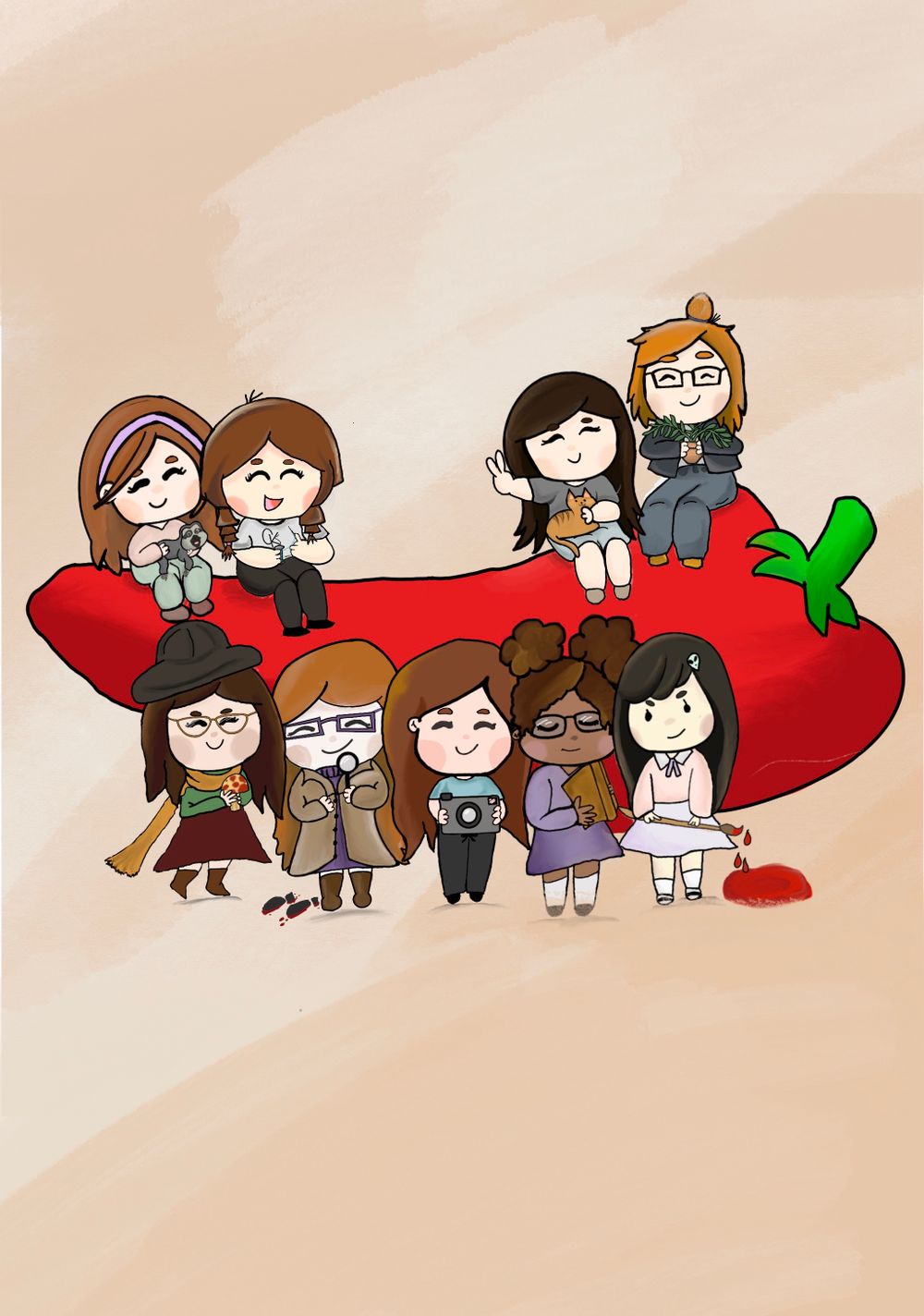 Cute cartoon illustration of chibi characters sitting on a giant red chili pepper.